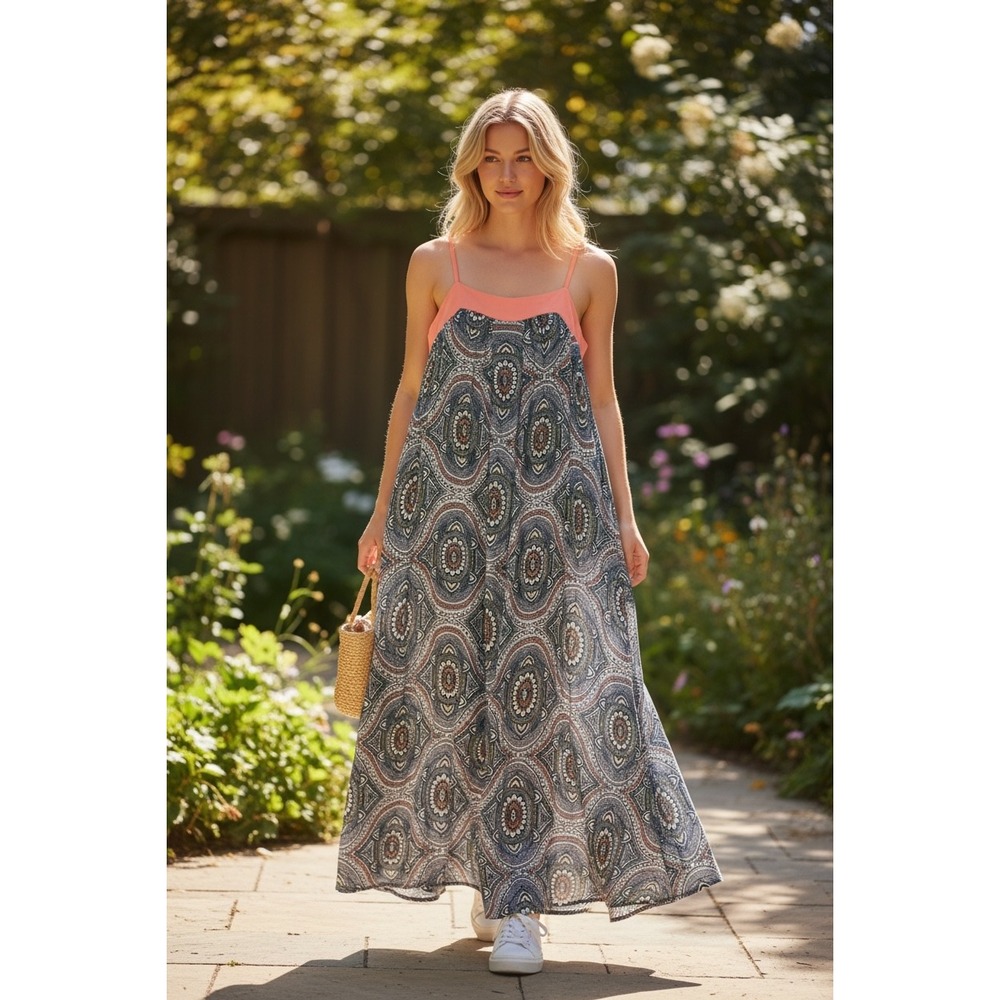 Altar'd State Large Blue Orange Medallion‎ Geometric Maxi Dress Boho Flowy Beach